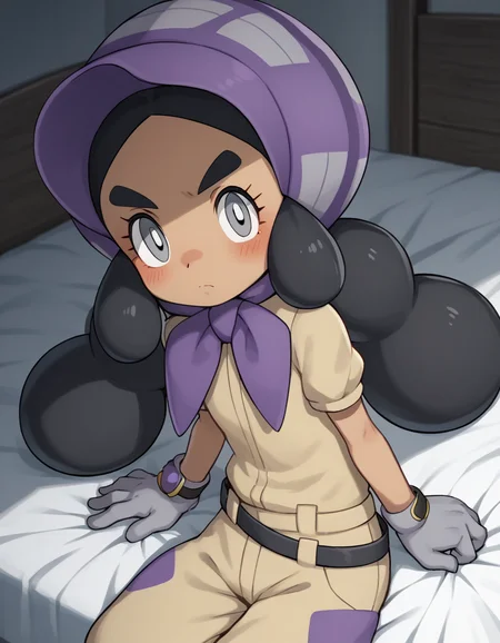 score_9, score_8_up, score_7_up, source_anime,
pokemonhapu, <lora:pokemon-hapu-ponyxl-lora-nochekaiser:1>,
hapu, long hair, black hair, twintails, dark skin, dark-skinned female, grey eyes, thick eyebrows, bright pupils, white pupils,
gloves, short sleeves, belt, black belt, purple headwear, bonnet, grey gloves, jumpsuit,
indoors, bed, bed room, on side, blush, drunk,
looking at viewer, solo, cowboy shot, dutch angle,