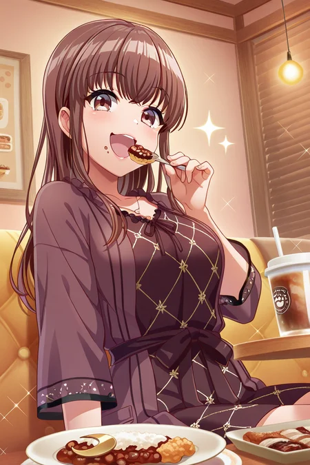 masterpiece, best quality, amazing quality,
<lora:Airi_IL:1> airi, 1girl, food, solo, brown hair, long hair, sitting, plate, open mouth, holding, smile, dress, brown eyes, breasts, crescent, indoors, sparkle, looking at viewer, eating, cup, bangs, nvgsk