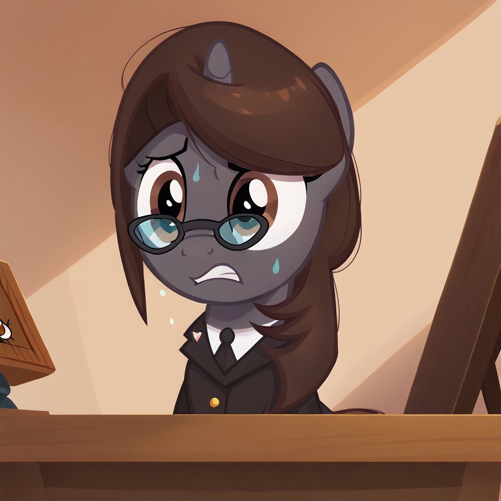masterpiece, perfect detail, best high quality, source_pony, show accurate, cute, 1girl, solo, female, oc:sonata, glasses, attorney suit, badge on collar, pony, courtroom, defense stand, standing, standing behind desk, front hooves on desk, standing against desk, frown, scenic painting in background, nervous, sad, sweating, gritted teeth, beautiful, looking down, score_9, score_8_up, score_7_up, score_6_up, score_5_up, score_4_up