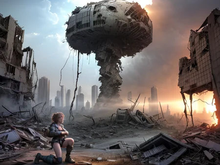 (disney:0.4)
(cartoon:0.3)
(pixar:0.8)
(3D:1.2),(Pui),(UHD:1.1), (nsfw:1.3),
(detailed background visible:1.2),
(Photorealistic:1.2),
1girl (wearing recycled material clothes) kneeling , on a hill in front of a destroyed (city in ruins:1.2), (dim lighting), glowing LED, danger, nuclear hazard symbol,
<lora:Wasteland:0.8> Wasteland, the, and, with, wasteland, background,
(hyper detailed:1.2),
(Style: subsurface scattering, analog style, realistic, film photography, highres photo, cinematic Lighting, trending on artstation, ((high quality:1.2, masterpiece:1.2)), (8k resolution),)