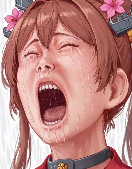 score_9, score_8_up, score_7_up,
absurdres, highres, realistic, 
1girl, yamato \(kancolle\), kantai collection,  brown hair, ponytail, sidelocks, hair between eyes,  hair flower, hair ornament, headgear, red sailor collar, collar, 
closed eyes, crying, style parody, streaming tears,  snot, blush, drooling, saliva, dutch angle, 
<lora:natsumi_ikitottanka_ware_v002_pony:1>,