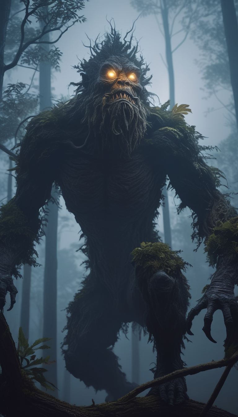 scary hairy humanoid monster smoking a tobacco on the tree top, forest, foggy weather, night light, intricate, sharp focus, concept art, artstation, fantasy, octane render, cinematic lighting, otherworldy,