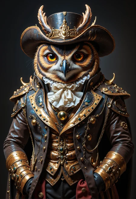 cinematic film still . anthropomorphism. Create a portrait of an owl dressed in 18th-century men's attire. The owl wears an elaborate, ornate waistcoat, a ruffled cravat, and a classic tricorn hat, all rendered in rich fabrics and intricate patterns.  , photography, Hyper-realistic, 16k resolution, (masterpiece, award winning artwork), many details, extreme detailed, full of details, Wide range of colors, high Dynamic, theW3iRDi3Sv2, midjourneyv6.1 <lora:flux_vividizer.safetensors:0.6>,  <lora:aidmaMJ6.1-FLUX-V0.1.safetensors:0.5>,  <lora:artisketchyfs-v02.safetensors:1.0>,  <lora:ARTifacts.safetensors:0.5>,  <lora:The Weirdies [Flux]_R.safetensors:0.5>,  . shallow depth of field, vignette, highly detailed, high budget, bokeh, cinemascope, moody, epic, gorgeous, film grain, grainy