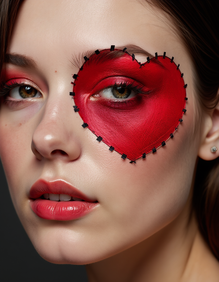 A portrait of a woman with stitched on red heart shaped patchwork_skin on her cheek. Black stitches., best quality, 4k, 8k, high resolution, cinematic, vibrant, intricate, Hyperrealistic, high detail, <lora:XLabs Flux Realism LoRA\flux_realism_lora.safetensors:0.8>, <lora:FLUX_Patchwork_Skin_Merge2_Shurik:1>
