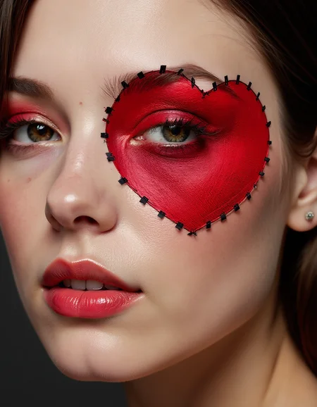 A portrait of a woman with stitched on red heart shaped patchwork_skin on her cheek. Black stitches., best quality, 4k, 8k, high resolution, cinematic, vibrant, intricate, Hyperrealistic, high detail, <lora:XLabs Flux Realism LoRA\flux_realism_lora.safetensors:0.8>, <lora:FLUX_Patchwork_Skin_Merge2_Shurik:1>