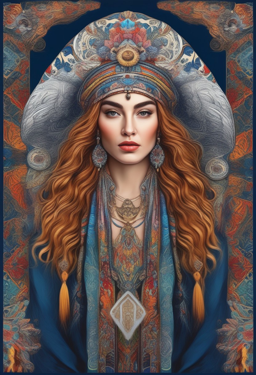 FRESHIDEAS Madonna,colorful and detailed realistic illustration of the most beautiful woman wearing traditional Yuka attire with ornate patterns, a white bison head hat on her long hair, vibrant colors, intricate details, symmetrical composition, fantasy art style, digital painting done in the style of a studio with high resolution and sharp focus, isolated on a dark blue background