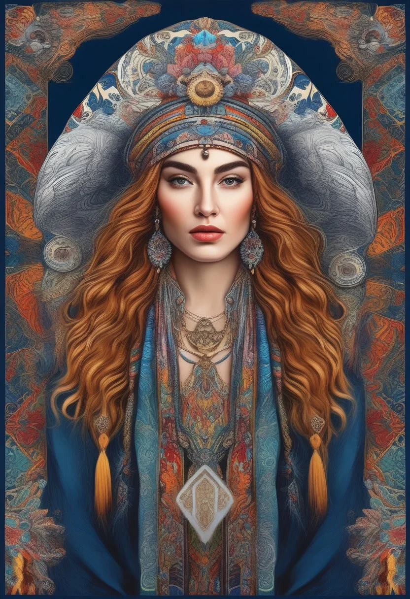 FRESHIDEAS Madonna,colorful and detailed realistic illustration of the most beautiful woman wearing traditional Yuka attire with ornate patterns, a white bison head hat on her long hair, vibrant colors, intricate details, symmetrical composition, fantasy art style, digital painting done in the style of a studio with high resolution and sharp focus, isolated on a dark blue background