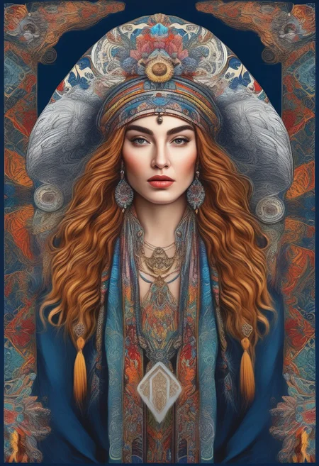 FRESHIDEAS Madonna,colorful and detailed realistic illustration of the most beautiful woman wearing traditional Yuka attire with ornate patterns, a white bison head hat on her long hair, vibrant colors, intricate details, symmetrical composition, fantasy art style, digital painting done in the style of a studio with high resolution and sharp focus, isolated on a dark blue background