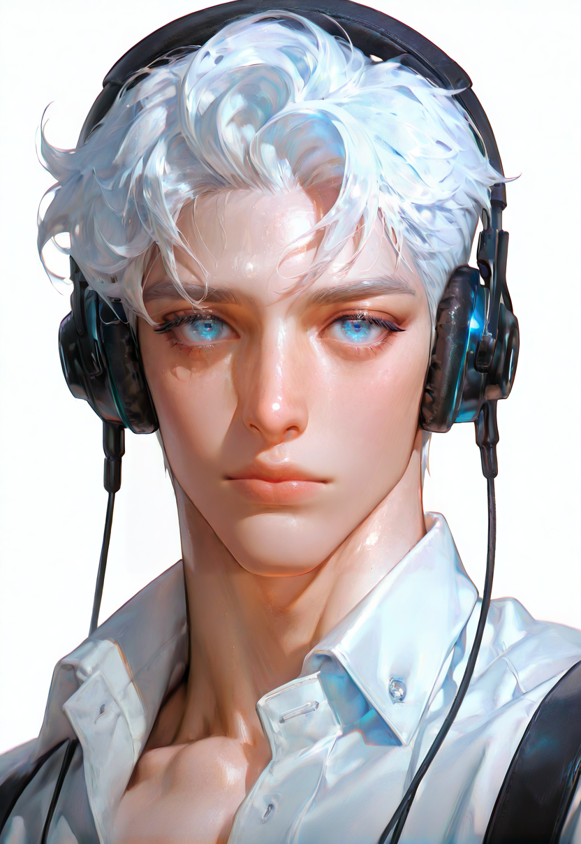 mefas,solo,blue eyes,1boy,male focus,white hair,headphones,white background,simple background,portrait,shirt,collared shirt,white shirt,looking at viewer,short hair,closed mouth,eyelashes,lips,bangs,suspendersrom above,very awa,masterpiece,best quality,absurdres,newest,perfect quality,detailed background,intricate details,Visual impact,sharp focus,
details,hanme1,,,,<lora:cfg_scale_boost (1):0.6>,<lora:bemen:0.8>,<lora:hanface-000009:0.4>