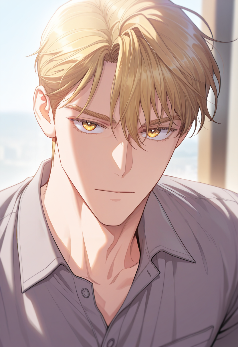 masterpiece, best quality, amazing quality,high resolution, intricate details,anime screencap,depth of field , , , 1boy, solo, male focus,  <lora:sung_hyunjae:0.77>,sung hyunjae,bloden hair,short hair,golden eyes,grey shirt,collared shirt,short sleeves,looking at viewer,portrait