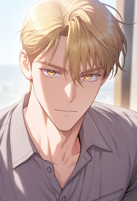 masterpiece, best quality, amazing quality,high resolution, intricate details,anime screencap,depth of field , , , 1boy, solo, male focus,  <lora:sung_hyunjae:0.77>,sung hyunjae,bloden hair,short hair,golden eyes,grey shirt,collared shirt,short sleeves,looking at viewer,portrait