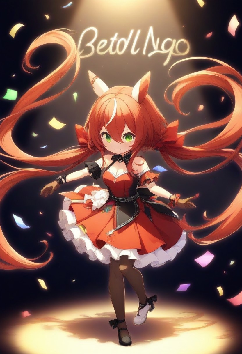 Jed-StickyN, confetti made of sticky notes, 
(win_variation_(umamusume), 1girl, solo, streaked_hair, tail, twintails, shobufuku,  )
frills, gloves, green_eyes, grey_background, hair_between_eyes, hair_ornament, horse_ears, horse_girl, horse_tail, long_hair, low_twintails, mismatched_footwear, multicolored_hair, pantyhose, 
(pleated_skirt, red_dress, red_hair, shoes, short_sleeves, skirt, small_breasts, smile,  looking_at viewer, bangs, hair_between eyes, bare_shoulders, full_body, black_pantyhose, brown_gloves, dancing, red_spotlight, black_footwear, white_footwear, mismatch_footwear, dynamic_pose,  very_long_hair, animal_ears, asymmetrical_footwear, black_gloves, black_shoes, brown_pantyhose, character_name, closed_mouth, dress, floating_hair, frilled_sleeves,, white_hair, white_shoes, white_skirt : 0.7)