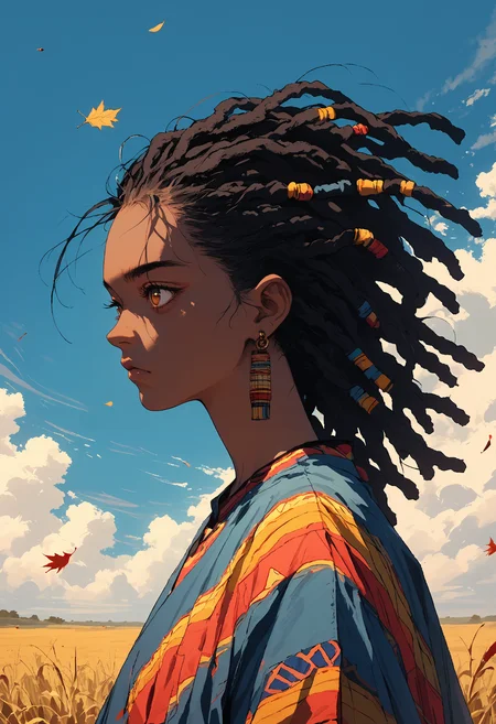 score_9, score_8_up, score_7_up,source_anime,1girl,solo,dark skin,black hair,dreadlocks hairstyle,bangs,hazel eyes eyes,perfecteyes,earrings,eyebrows,hair behind ear,african girl,colorful robes,red and blue robes,bracelets,jewelry,cornfield,floating leaves,sinozick,flat colors,clear sky,blue sky,clouds,sun,full body,from the side,side view