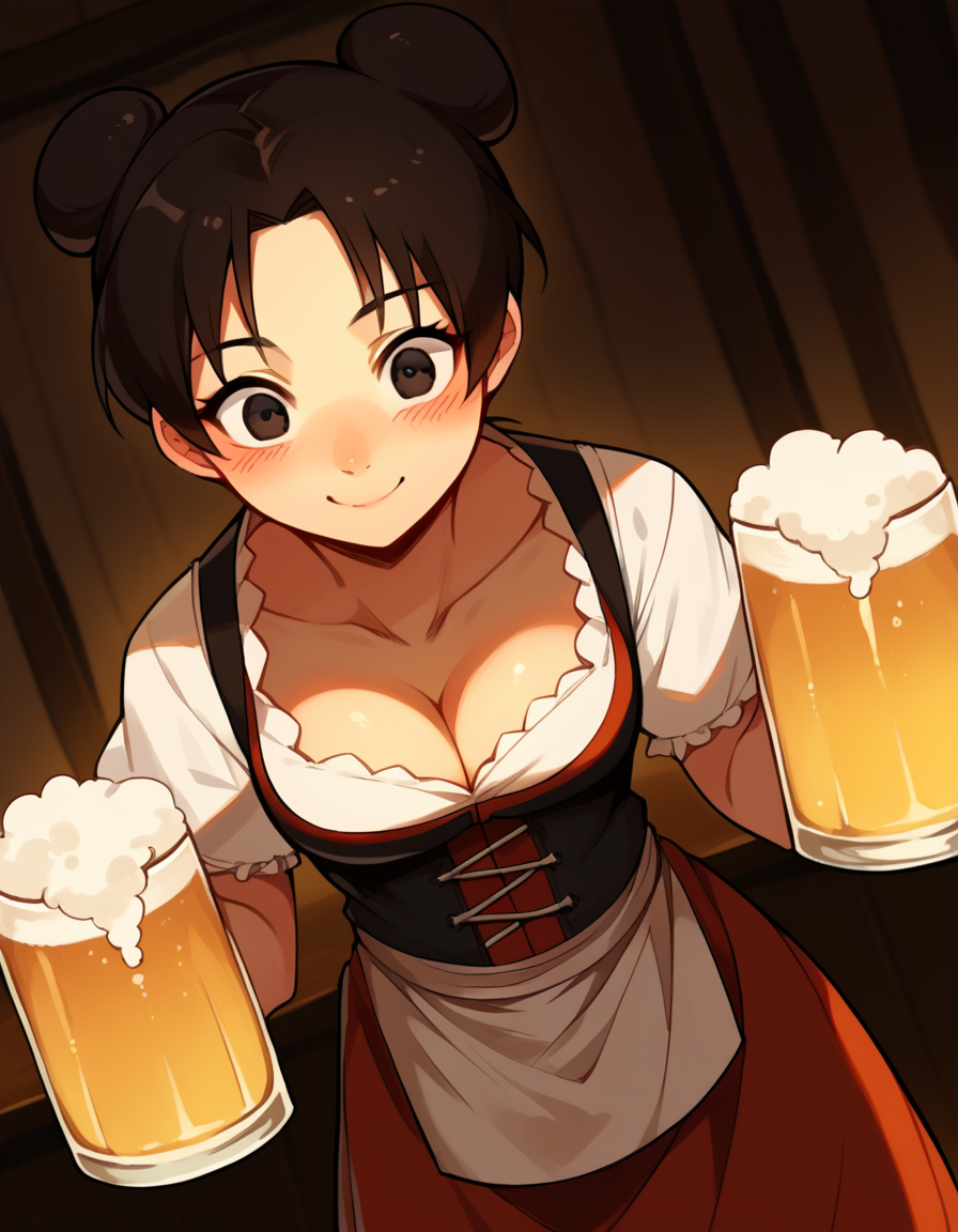 score_9, score_8_up, score_7_up, source_anime, <lora:tenten-shippuden-anime-ponyxl-lora-nochekaiser:1>, tenten, black hair, hair bun, double bun, black eyes,, <lora:dirndl-ponyxl-lora-nochekaiser:1>, dirndl, german clothes, beer mug, collarbone, cleavage, beer, underbust, waist apron,, indoors, bar, smile, blush,, , cowboy shot, dutch angle