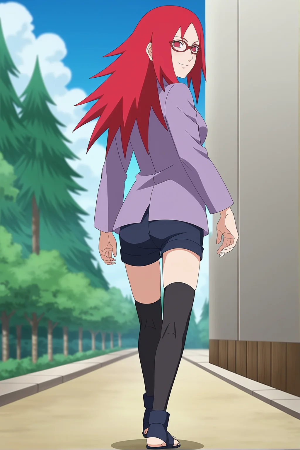 <lora:KarinXL-000020:1>,red hair, 1girl, glasses, long hair, red eyes, solo, long shirt, black thighhighs, black shorts, looking at viewer,medium breasts, long sleeves,outdoors , no pupils,standing,full body,toeless footwear, from behind, looking back, smile,
walking, 
anime screencap, anime coloring,source_anime,naruto \(series\), naruto shippuuden,