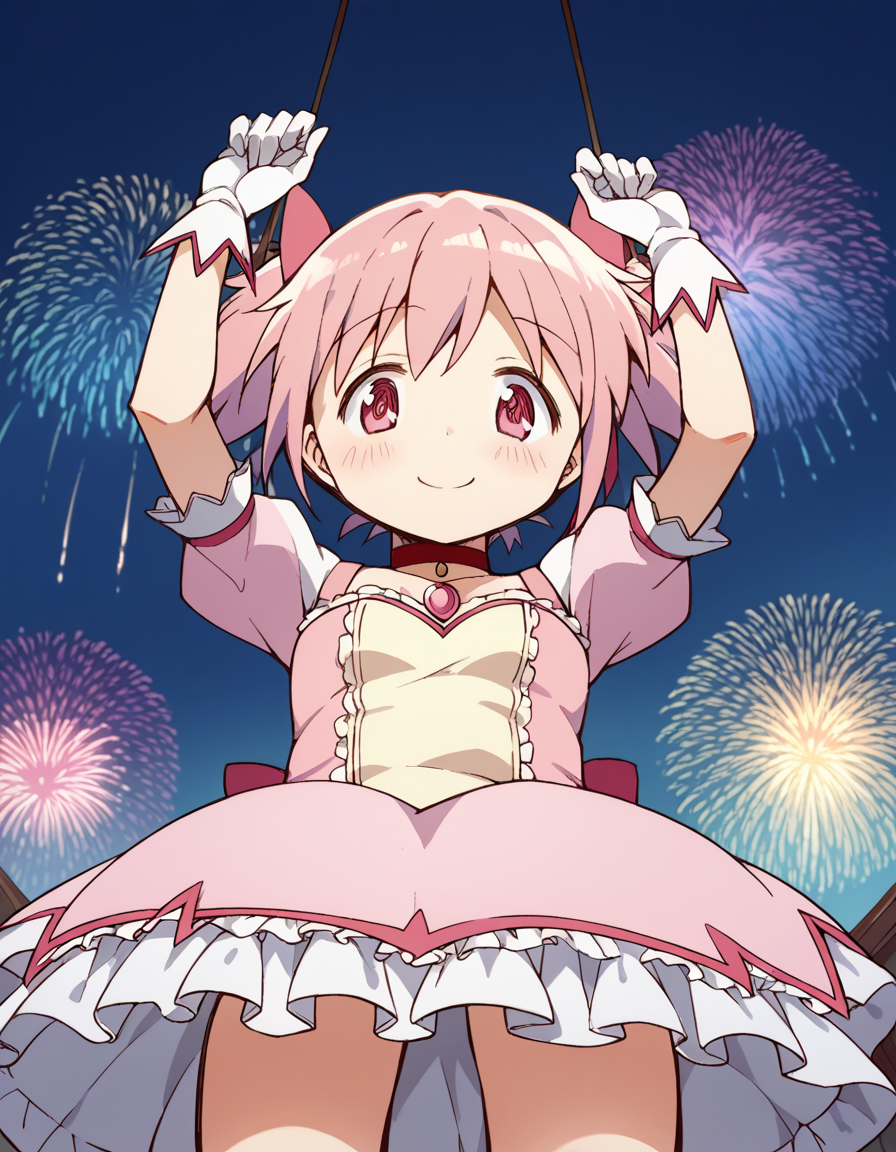 score_9, score_8_up, score_7_up, source_anime, <lora:madoka-kaname-s1-ponyxl-lora-nochekaiser:1>, madoka kaname, short hair, ribbon, twintails, hair ribbon, pink hair, pink eyes, short twintails,, skirt, gloves, dress, bow, choker, puffy sleeves, white gloves, magical girl, bubble skirt,, festival, fireworks, summer night, food stall, traditional, arms up, smile, <lora:lap-pov-ponyxl-lora-nochekaiser:1>, lap pov, lap pillow, from below, ceiling, looking down, pov, blush, smile,, looking at viewer, solo,, dutch angle, cowboy shot
