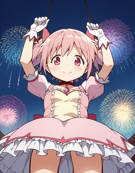 score_9, score_8_up, score_7_up, source_anime, <lora:madoka-kaname-s1-ponyxl-lora-nochekaiser:1>, madoka kaname, short hair, ribbon, twintails, hair ribbon, pink hair, pink eyes, short twintails,, skirt, gloves, dress, bow, choker, puffy sleeves, white gloves, magical girl, bubble skirt,, festival, fireworks, summer night, food stall, traditional, arms up, smile, <lora:lap-pov-ponyxl-lora-nochekaiser:1>, lap pov, lap pillow, from below, ceiling, looking down, pov, blush, smile,, looking at viewer, solo,, dutch angle, cowboy shot