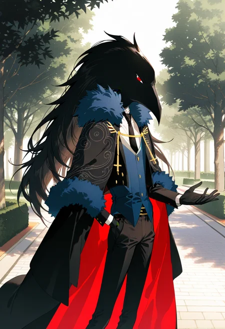 artist:gomzi,artist:wanke,artist:diyokama, rei_(sanbonzakura),[[artist:fuzichoco]],year 2024, 1boy, solo,
caron \(higyaku no noel\), animal head, crow, red eyes, colored skin, black skin, long hair, white shirt, blue vest, black suit, black pants, black necktie, fur-trimmed cloak, black belt, inverted cross, two-sided cape,
park,
<lora:ntmf_majorcharacters.ilxl.v02:1>