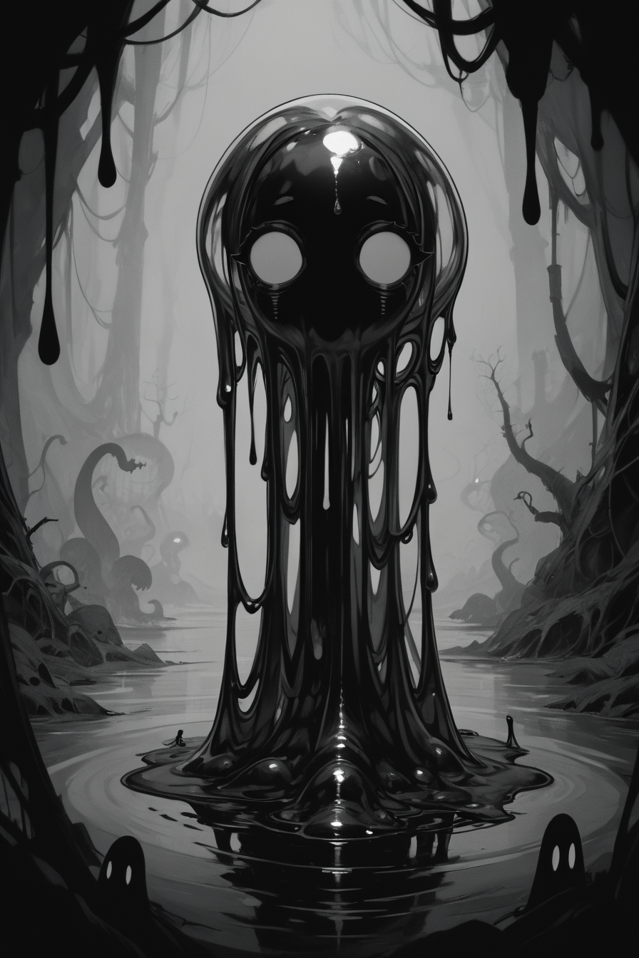 score_9, score_8_up, score_7_up, score_6_up, score_5_up, score_4_up, <lora:GRIM_v1:1>  greyscale, monochrome, limited palette, horror (theme), eldritch abomination, chaotic, silhouette,, <lora:wizardslimev15-t:1> wizardslimus, slime skin, transparent head, transparent body, transparent hair, transparent face, transparent, slime girl