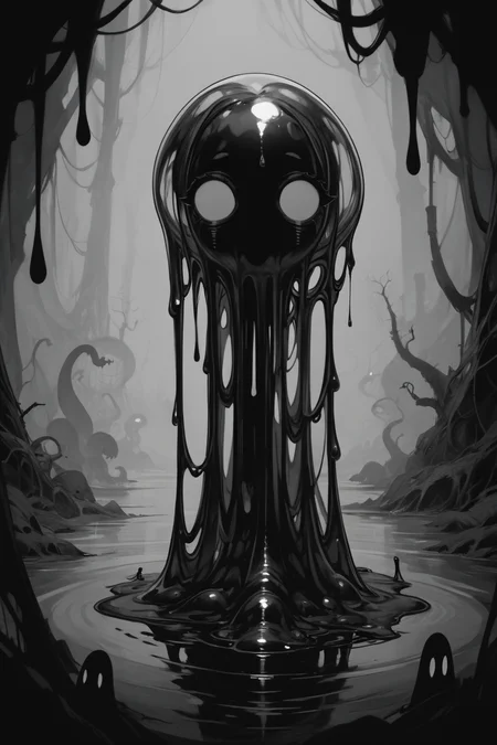 score_9, score_8_up, score_7_up, score_6_up, score_5_up, score_4_up, <lora:GRIM_v1:1>  greyscale, monochrome, limited palette, horror (theme), eldritch abomination, chaotic, silhouette,, <lora:wizardslimev15-t:1> wizardslimus, slime skin, transparent head, transparent body, transparent hair, transparent face, transparent, slime girl
