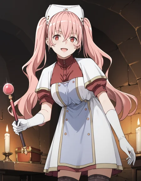 score_9, score_8_up, score_7_up, source_anime, BREAK
1girl, solo, cave, dungeon, dark, light smile, open mouth, simple background, standing, looking at viewer, leaning forward, arm at side, holding wand, wand,
heith velvet, long hair, pink hair, twintails, hair between eyes, red eyes,
nurse outfit, nurse cap, red dress, white apron, puffy sleeves, short sleeves, white gloves, thighhighs,
from below, candle,
<lora:heith_velveta_anime-soralz:1>,