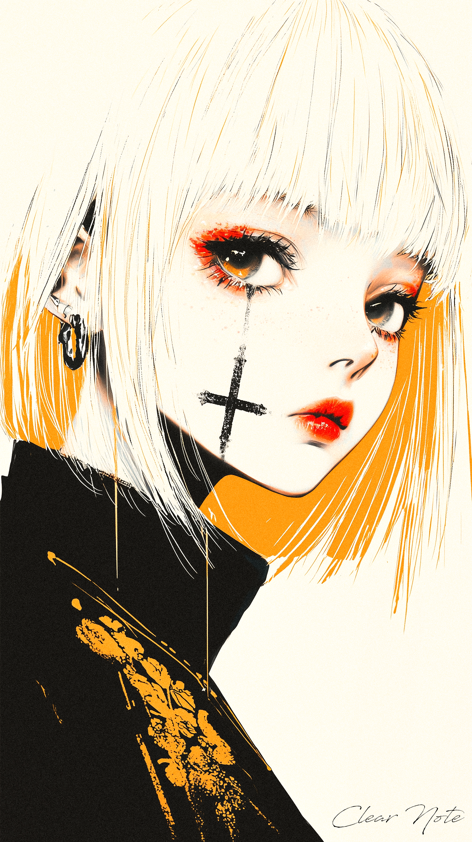 Japanese anime art style,
Pink pixie hair, a cross-marked face,
Earrings gleam with a rebel's grace.
In black, with blooms of yellow sewn,
Her icy stare chills to the bone.