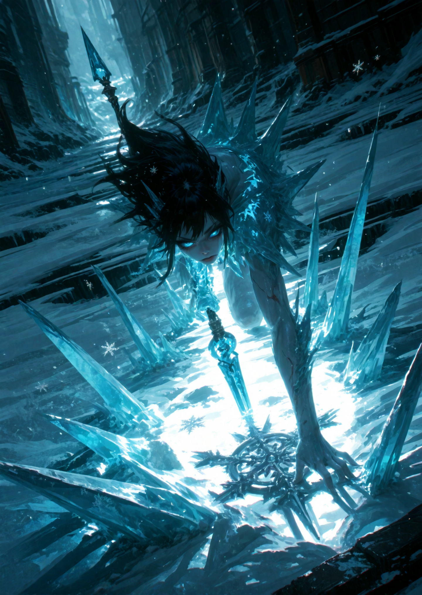The image is a digital illustration of a full body cold spellcaster in dynamic perspective and dynamic pose. She goes towards the viewer, trying to pierce them with her staff, radiating an aura of cold and death. Her skin is pale and frostbitten, covered in numerous snowflakes with fractal patterns. Her black hair and eyelashes are covered in snow and ice, and her blue eyes glow with a mysterious light. She wields a runic staff of ice, the touch of which is capable of freezing the blood in the veins, bringing instant death. In the background, a trail of ice is visible that she left behind, freezing even the lava in her path.
volumetric lighting, cinematic lighting, aesthetic design, dramatic angle, high angle, dramatic framing, cinematic framing, posing at an angle, extremely sharp focus, unique artistic composition, hight reflection, (maximum ultra-high definition image quality and rendering:1), maximum image detail, maximum realistic rendering, strong reflection
<lora:add-detail-xl:0.6>  <lora:spo_sdxl_10ep_4k-data_lora_webui:0.5>  <lora:USNR STYLE_XL_loha:0.45> <lora:GodsAndMayhemXL:0.9> <lora:748cmSDXL:0.6> <lora:ponyv5_noobV065S_1_adamW:0.65>  <lora:GENESIS_MK0.2:0.55>