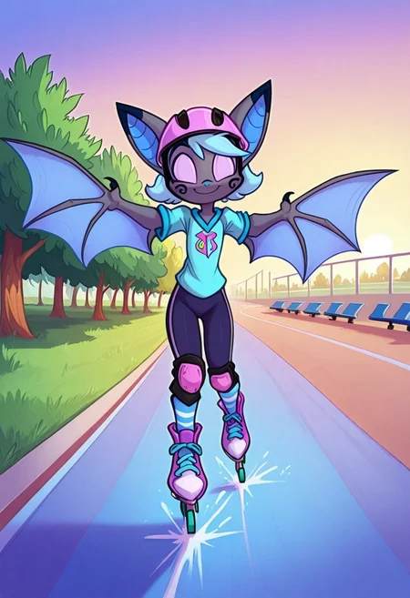 Dreamkeepers,1girl,Prelude_Vanth,solo,furry,source_furry,blue hair,wings,furry,bat wings,
child, kid,
roller_skates, park_path, helmet, knee_pads, smile, movement, sunset, outdoor, windblown_hair, striped_socks, sneakers, determination, roller skating on a park path at sunset