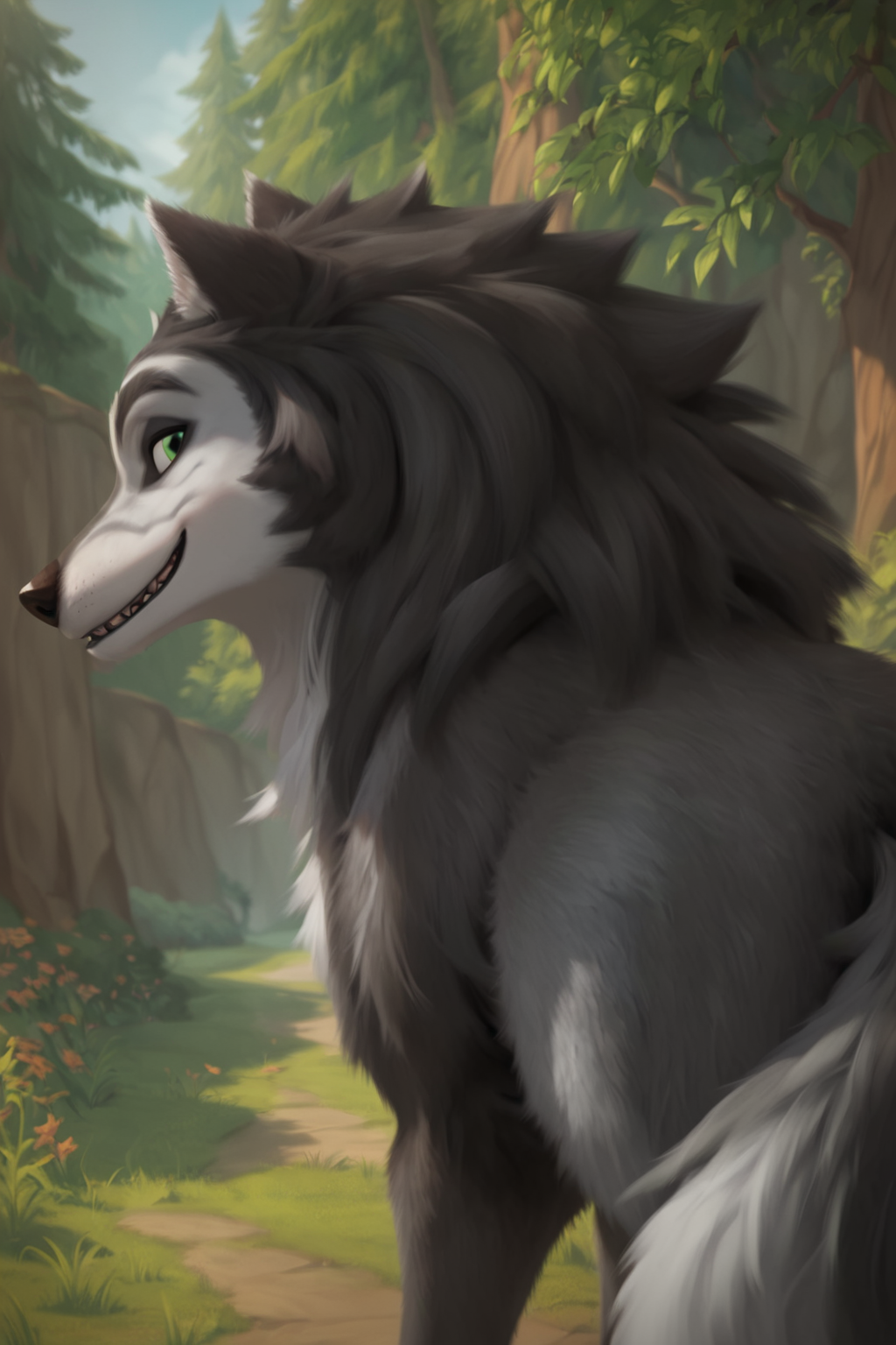 score_9, score_8_up, score_7_up, score_6_up, side rear view, looking at viewer, smile, wolf, male, tone body, gray fur and black gray fur, green eyes, dark eyebrows, tail, solo, forest background <lora:Hutch_Alpha_and_Omega_XLPony:1>