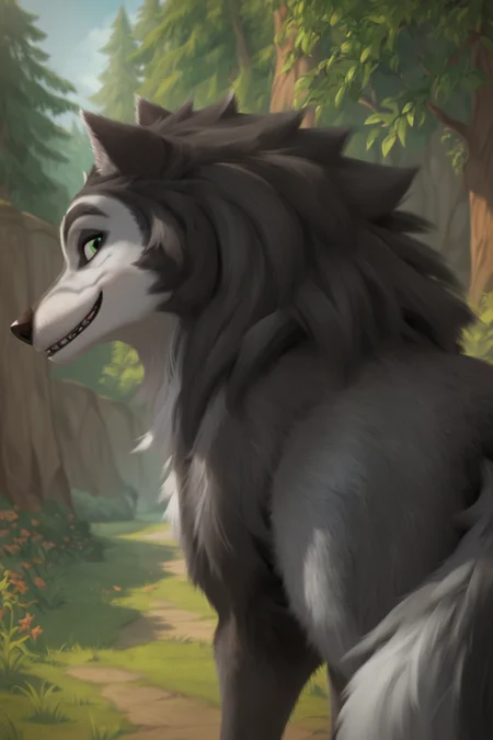 score_9, score_8_up, score_7_up, score_6_up, side rear view, looking at viewer, smile, wolf, male, tone body, gray fur and black gray fur, green eyes, dark eyebrows, tail, solo, forest background <lora:Hutch_Alpha_and_Omega_XLPony:1>