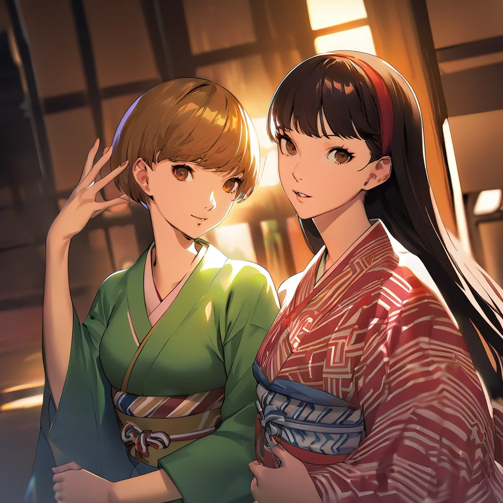 2girls, satonaka chie, amagi yukiko, kimono, beautiful light, persona, soejima shigenori, masterpiece, best quality, absurdres <lora:persona_xl_delta_rev1_2:1>