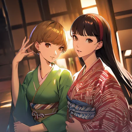 2girls, satonaka chie, amagi yukiko, kimono, beautiful light, persona, soejima shigenori, masterpiece, best quality, absurdres <lora:persona_xl_delta_rev1_2:1>