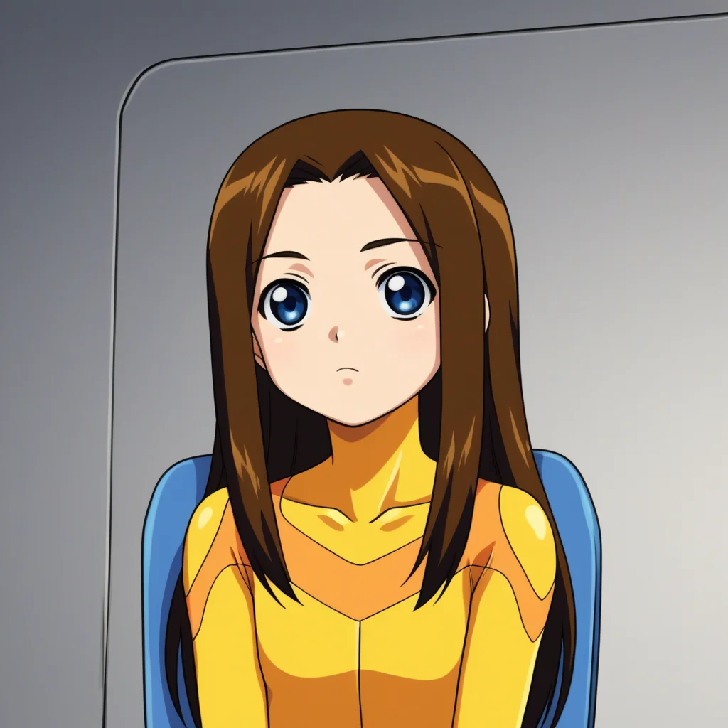 score_7_up, BREAK, source_anime, Misha Miramond, 1girl, solo, long hair, brown hair, blue eyes, <lora:Misha_Miramond_XL_Leaf1:1>, yellow bodysuit, sitting on pilot chair,