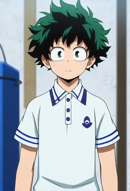 masterpiece, best quality, , anime screencap, , official style, looking at viewer, depth of field, 1boy, solo, male focus, <lora:izuku_midoriya_ilxl:0.8>, izuku_midoriya, green hair, green eyes, short hair, , polo shirt, bucket hat