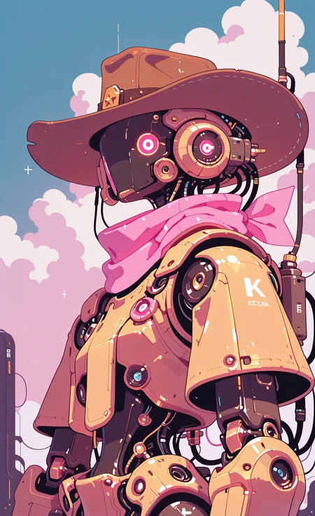 masterpiece,best quality,amazing quality, solo, hat, upper body, cloud, scarf, no humans, robot, mecha, science fiction, brown headwear, cable, open hand, cowboy hat, pink scarf, humanoid robot, haiz_ai, in the style of cknc,
Flatline, Flat vector illustration <lora:ponyv6_noobE11_2_adamW-000017:0.3> <lora:checkpoint-e18_s306:1.5> <lora:ck-nc-cyberpunk-IL-000011:0.6> <lora:haiz_ai_illu:0.7>