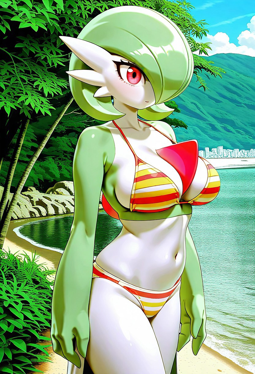 striped bikini, solo, 1girl, gardevoir, large breasts, outdoors