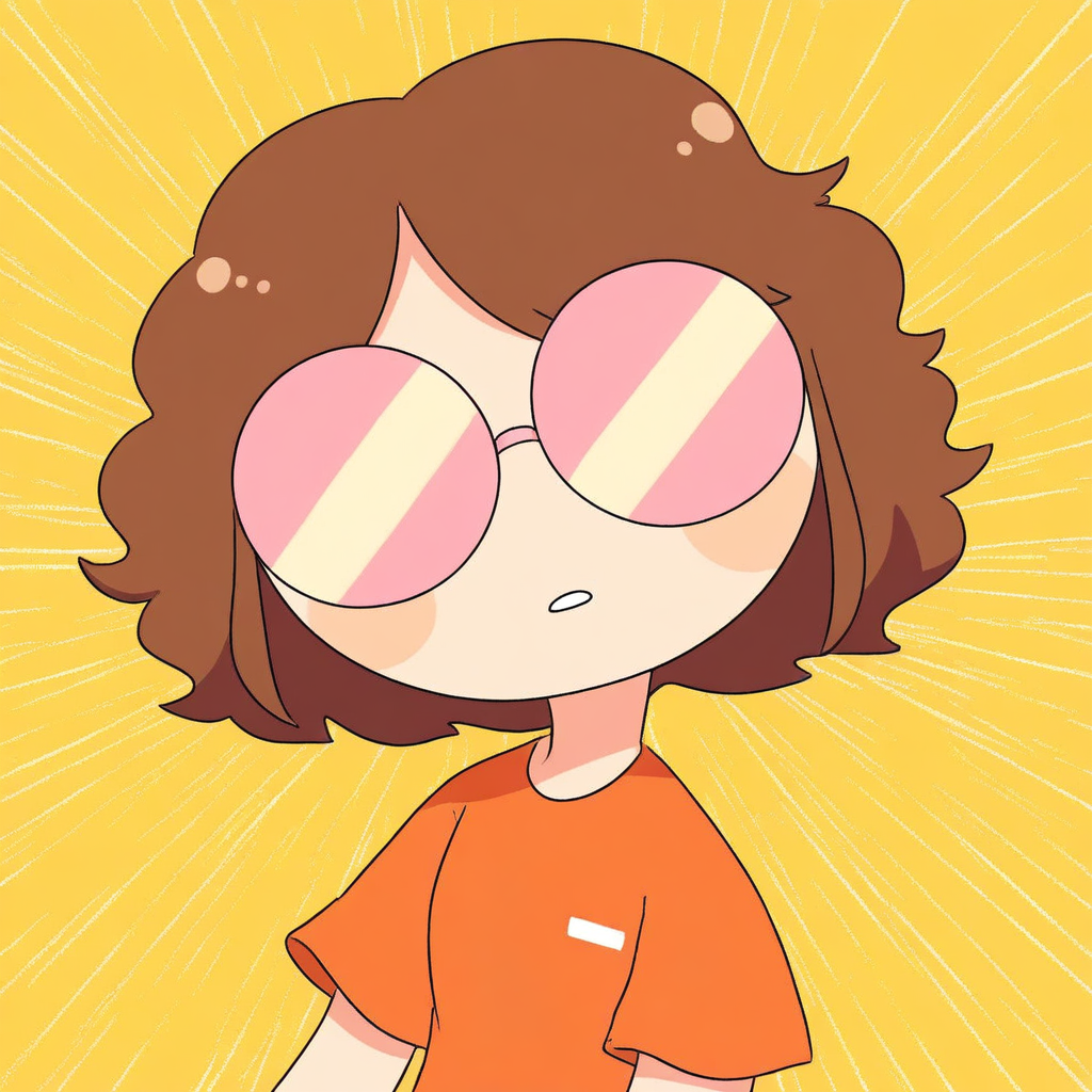 Brown hair, No nose, Short hair, no see eyes, 1 girl, Blue pants, Round glasses, Orange clothes