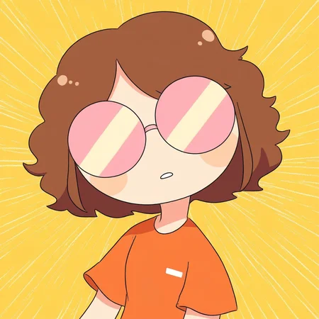 Brown hair, No nose, Short hair, no see eyes, 1 girl, Blue pants, Round glasses, Orange clothes