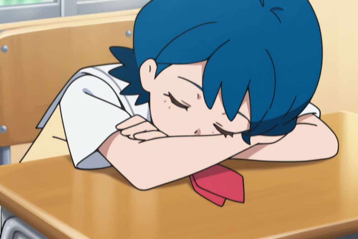 1girl,classroom, desk, sitting, on chair, upper body,  lying on desk, crossed arms, head lying between the arms, closed eyes,  sleeping, 
 <lora:lana_scho_magi_1:1> mag3ca gir7l,
la7na un7form,blue hair,short hair, 
gray school uniform,sailor collar, yellow shirt,red scarf like tie,, masterpiece, high quality, absurdres, best quality, very aesthetic, newest,