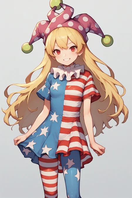 score_9, score_8_up, score_8, score_9, 1 girl, source_anime, <lora:clownpiece_pony-10:1>, jester cap, neck ruff, blonde hair, american flag legwear, american flag dress, clownpiece, dress, leggings, red eyes, long hair, small breasts, short sleeves, smile