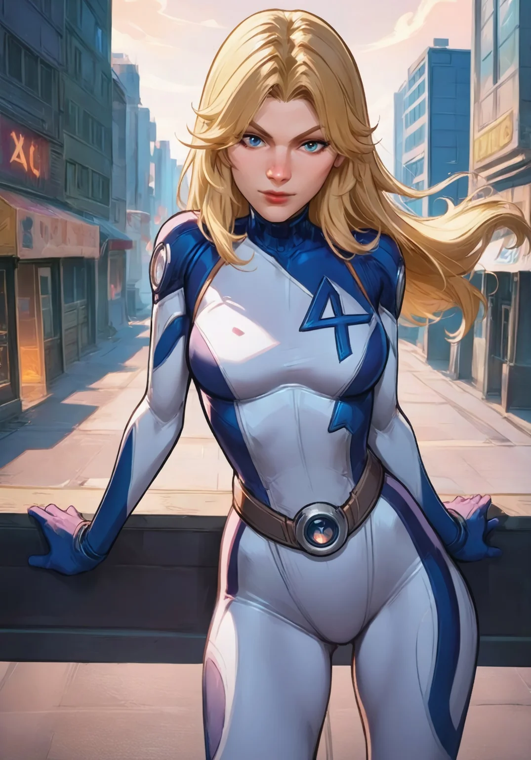 Stable_Yogis_Illustrious_Positives, 1gir, solo, inv_woman, blue and white bodysuit, blonde hair, w3stc0m1cs, pin-up, looking at viewer, city in background