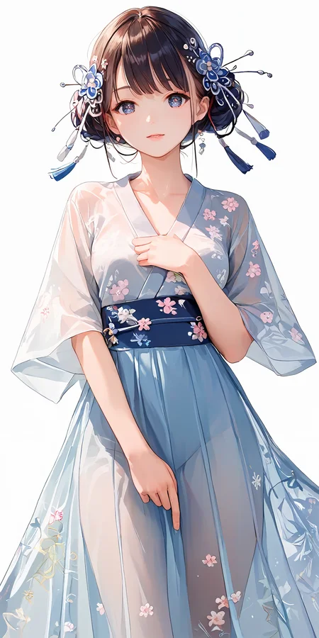 score_9, score_8_up, score_7_up,source_anime, high res image,masterpiece,best quality,girl,cute face,clear skin,shiny hair,ultra detailed eyes,simple background,
<lora:hanfu_Pony_V1.0:1.2> jyojifuku, hair ornament, floral print,see-through