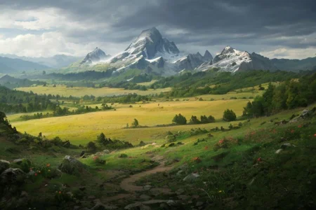 a photorealistic landscape with very close high mountains across the horizon, with lots of fields, woods and meadows stretching out before them and with a town inside of them, ultra realistic, highly detailed, RAW photo, (masterpiece:1.3), subsurface scattering, heavy shadow, professional photography