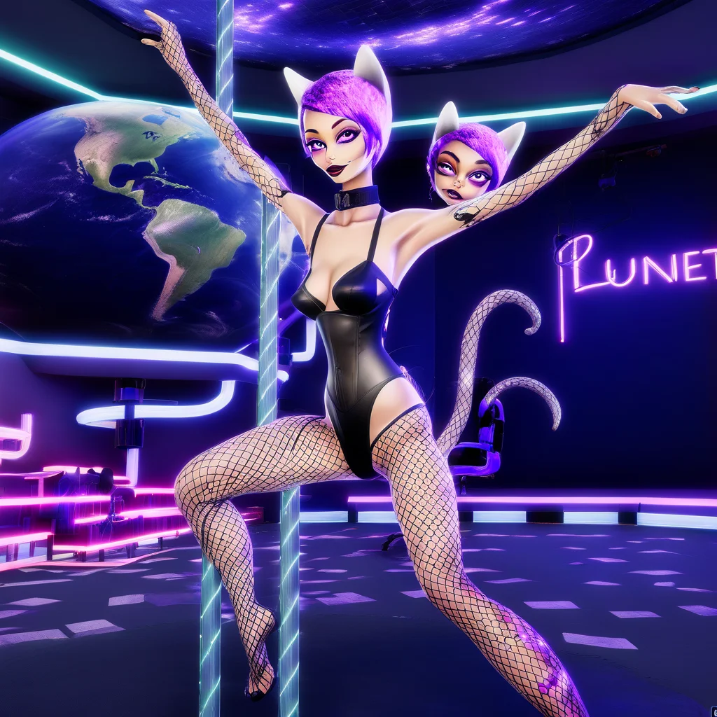wrist cuffs, fishnets, cum on body, lips, tail, leotard, spread legs, cat lingerie, skirt, rabbit tail, unzipped, glowing, stripper pole, science fiction, tattoo, bound, earth (planet), makeup, detached collar, purple eyes, short hair