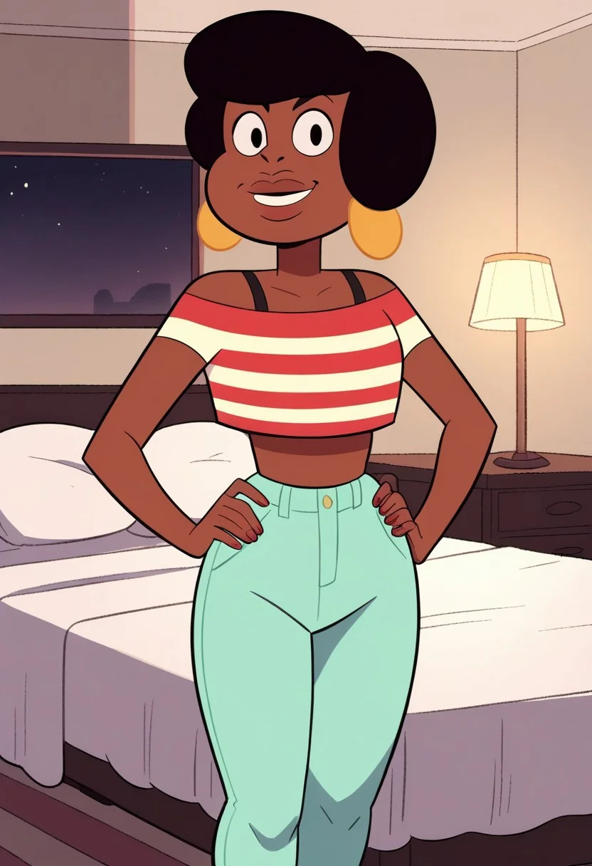 score_8, score_8_up, score_7_up, 1girl, female focus, Solo, Jenny_SU, brown skin, black eyes, large gold hoop earrings, black hair, puffy bob hairstyle, red-white striped crop top, black mini-top underneath, pale sea-foam green jeans, red-colored flats, thick lips, smile, standing, indoors, bed, bedroom, nightstand, lamp, window, looking at the viewer, happy, hands on hips, tall stature, heavy build, head on