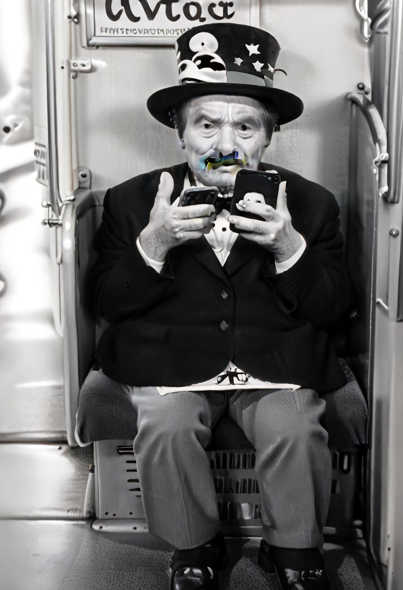 (((black and white, legsonthetra1n, from front, sitting across from viewer, train interior, holding phone, leg focus))),((small man with mustache, top hat, kenbis, chibi, chibi, male only, male, male chibi, monocle, art deco, thick mustache, comically large mustache, handlebar mustache, tiny, multiple men, shrunk, microxl, some little guys,  high angle, from above)), bwMovies, realistic, photo, vintage photo, ((very small man, small man, a small man, a man who is small, a small man)), an unapologetically small human male, black and white, smiling, very happy, euphoric, ecstatic, wonderful small men, large smile, huge smile