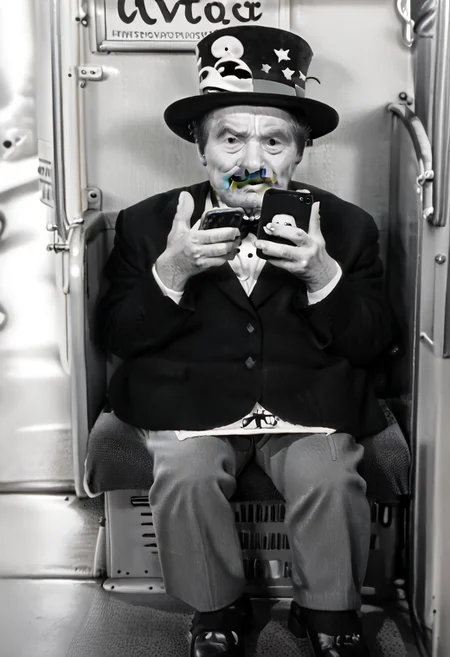 (((black and white, legsonthetra1n, from front, sitting across from viewer, train interior, holding phone, leg focus))),((small man with mustache, top hat, kenbis, chibi, chibi, male only, male, male chibi, monocle, art deco, thick mustache, comically large mustache, handlebar mustache, tiny, multiple men, shrunk, microxl, some little guys, high angle, from above)), bwMovies, realistic, photo, vintage photo, ((very small man, small man, a small man, a man who is small, a small man)), an unapologetically small human male, black and white, smiling, very happy, euphoric, ecstatic, wonderful small men, large smile, huge smile