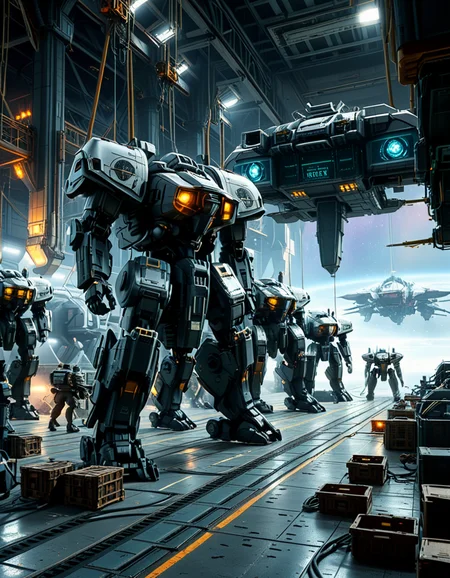 A massive, futuristic spaceship hangar filled with towering battle mechs undergoing maintenance. The hangar is dimly lit, with industrial lighting casting a cold, bluish glow over the metallic surfaces. The high ceiling is lined with steel support beams, catwalks, and suspended cranes used for repairing the massive war machines. The walls are adorned with warning signs, control panels, and illuminated holographic displays providing diagnostic data on the mechs. In the foreground, a colossal mech stands on a heavy-duty platform, its armored plating showing signs of battle damage, with exposed mechanical parts being worked on by robotic arms. The ground is marked with yellow hazard lines and scattered with tools, power cables, and spare parts. Steam rises from various vents, adding to the gritty, industrial feel. In the background, more mechs are stationed in docking bays, with their weapons and mechanical limbs being adjusted by automated repair systems. A large open bay door at the far end reveals the vastness of space, with distant stars and a massive planet visible beyond the hangar. The scene is detailed, immersive, and full of high-tech military sci-fi energy.
<lora:SDXLFaeTastic2400:0.4> <lora:extremely_detailed:0.4> extremely detailed,<lora:mechwarriors_spaceship_h4ng4r:1>,mechwarriors spaceship h4ng4r, Masterpiece,best quality,hi res,8k,hi res,8k,award winning,(sharp focus, intricate, highly detailed),