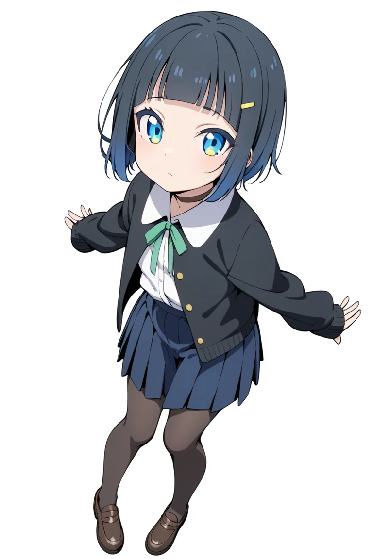 shinonome akira,1girl, solo, blue eyes, sleeves past wrists, skirt, simple background, shirt, white background, jacket, blue skirt, closed mouth, choker, looking at viewer, white shirt, hair ornament, open clothes, black jacket, bangs, short hair, hairclip, ribbon, long sleeves, pleated skirt, open jacket, neck ribbon, green ribbon, collared shirt, black hair, blunt bangs, blue hair,shoes, pantyhose,full body,
,masterpiece, best quality,
<lora:shinonome akira A31 e1:0.75>