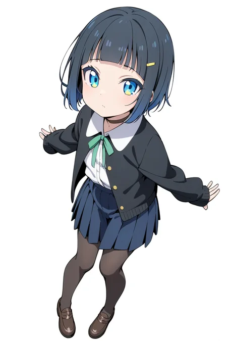 shinonome akira,1girl, solo, blue eyes, sleeves past wrists, skirt, simple background, shirt, white background, jacket, blue skirt, closed mouth, choker, looking at viewer, white shirt, hair ornament, open clothes, black jacket, bangs, short hair, hairclip, ribbon, long sleeves, pleated skirt, open jacket, neck ribbon, green ribbon, collared shirt, black hair, blunt bangs, blue hair,shoes, pantyhose,full body,
,masterpiece, best quality,
<lora:shinonome akira A31 e1:0.75>